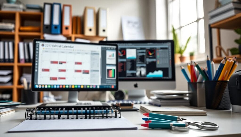 Detailed editorial calendar model with various tools and stationery items. Foreground features a clean, minimalist desktop with a spiral-bound notebook, color-coded markers, and a pair of scissors. Midground includes a computer monitor displaying calendar templates, spreadsheets, and digital planning apps. Background has shelves with binders, folders, and other organization supplies, bathed in soft, natural lighting from a window. Conveys a sense of structured productivity and efficient content planning. Technical details: high-resolution, photorealistic, DSLR camera, 50mm lens, f/4.0 aperture, 1/125s shutter speed, 400 ISO. Detailed editorial calendar model with various tools and stationery items. Foreground features a clean, minimalist desktop with a spiral-bound notebook, color-coded markers, and a pair of scissors. Midground includes a computer monitor displaying calendar templates, spreadsheets, and digital planning apps. Background has shelves with binders, folders, and other organization supplies, bathed in soft, natural lighting from a window. Conveys a sense of structured productivity and efficient content planning. Technical details: high-resolution, photorealistic, DSLR camera, 50mm lens, f/4.0 aperture, 1/125s shutter speed, 400 ISO.