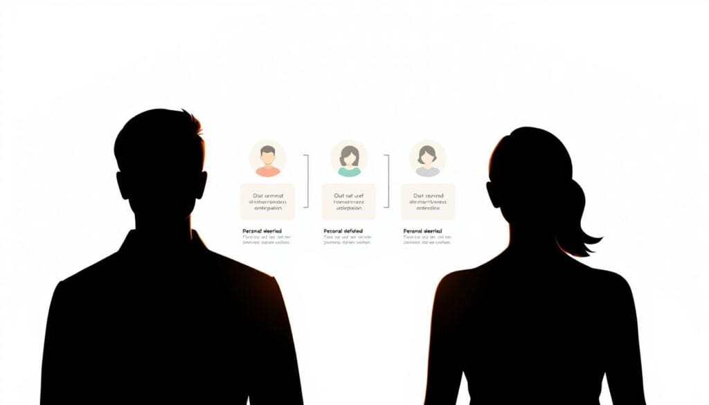 Méthode des personas pour définir sa cible A clean, modern illustration depicting the persona-based target definition process. In the foreground, a stylized male and female figure, their silhouettes emerging from a white background. Subtle gradients and soft shadows add depth. In the middle ground, a series of segmented user profiles, represented by simple icons and text descriptions. The background features a minimal grid or graph-like structure, hinting at data analysis and persona development. The overall tone is professional, minimalist, and accessible, with a focus on the key aspects of persona-driven targeting. Soft lighting casts a warm, approachable glow, and the composition is balanced and visually appealing.