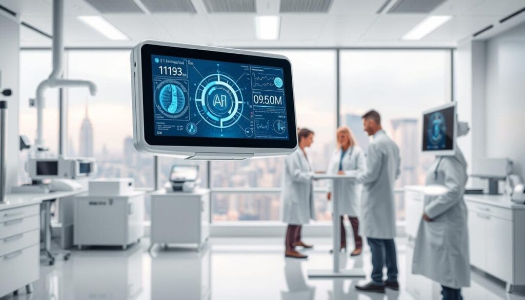 Prompt A clean, minimalist medical laboratory setting with state-of-the-art equipment and displays. In the foreground, a sleek, futuristic-looking medical device levitates, its holographic interface showcasing intricate AI-powered data visualizations. In the middle ground, lab-coated researchers huddle around a touchscreen console, deep in conversation as they analyze complex medical insights. The background is softly lit, with large windows offering a panoramic view of a modern city skyline, hinting at the broader technological advancements transforming the healthcare industry. An atmosphere of innovation, collaboration, and the seamless integration of AI and medical practice.