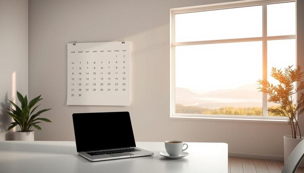 Prompt A serene, minimalist workspace with clean lines and muted colors. In the foreground, a laptop and a cup of coffee sit on a sleek, uncluttered desk. In the middle ground, a large, timeless calendar hangs on the wall, its pages blank, representing the evergreen nature of the content. The background features a large window overlooking a tranquil, natural landscape, bathed in warm, natural lighting that casts a soft glow throughout the scene. The overall mood is one of efficiency, simplicity, and timelessness, reflecting the advantages of evergreen content and the ability to reduce costs and updates.