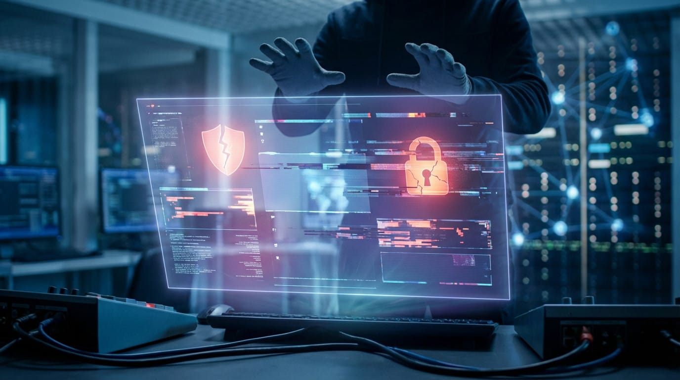Personne en habit sombre manipulant un écran holographique affichant des symboles de sécurité: bouclier cassé et cadenas, dans une salle serveur high-tech.