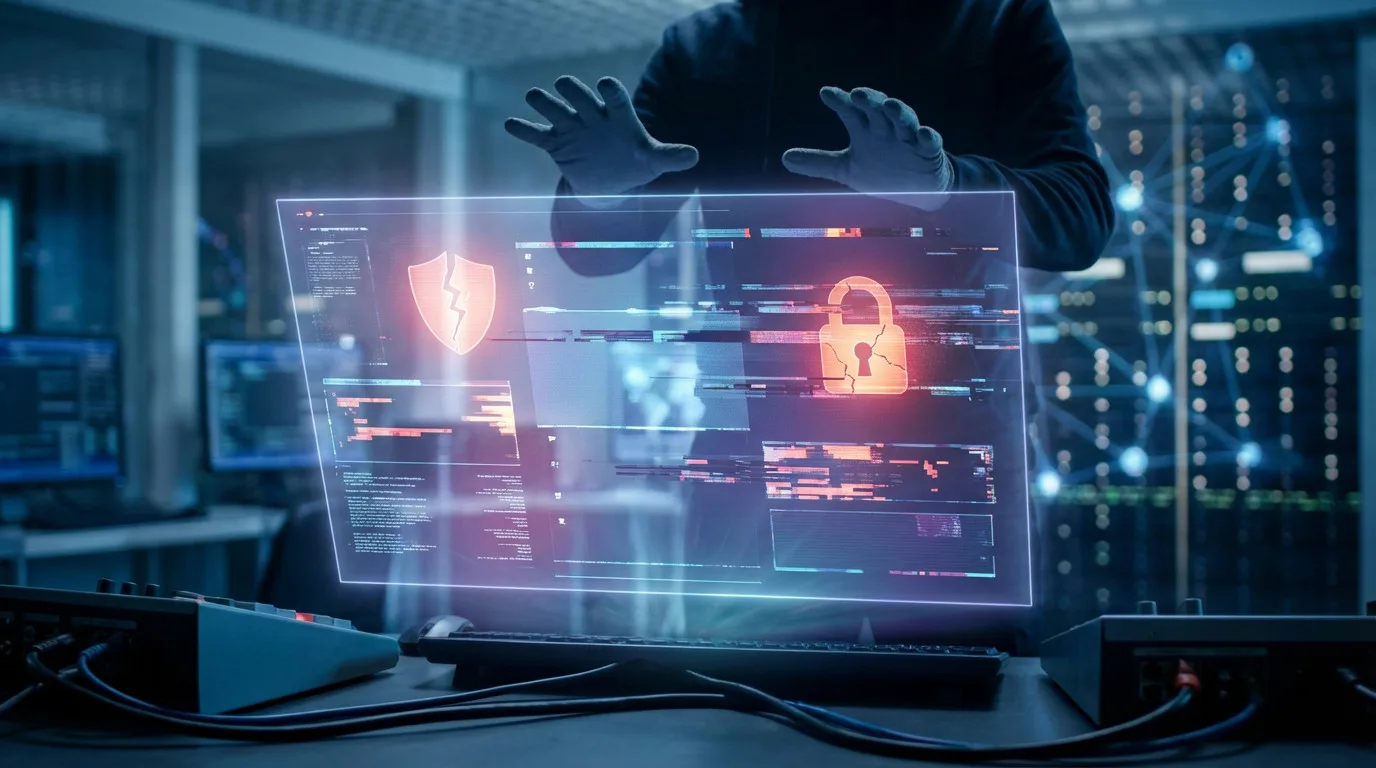Veryleaks : dangers ru00e9els du forum et migration V2 (2026) 4 Personne en habit sombre manipulant un écran holographique affichant des symboles de sécurité: bouclier cassé et cadenas, dans une salle serveur high-tech.