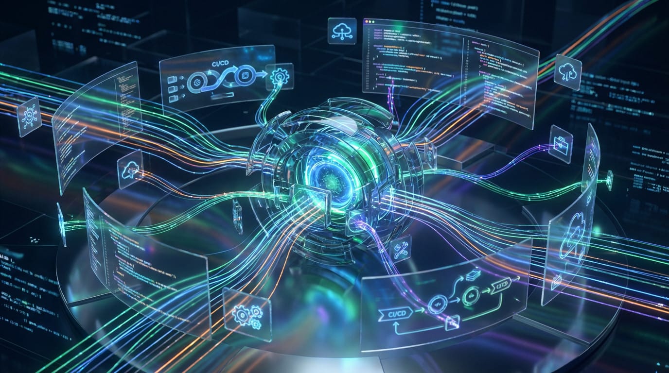 Visualisation futuriste d'un système CI/CD avec sphère centrale brillante, flux de données colorés, interfaces transparentes affichant du code et des icônes d'outils de développement.