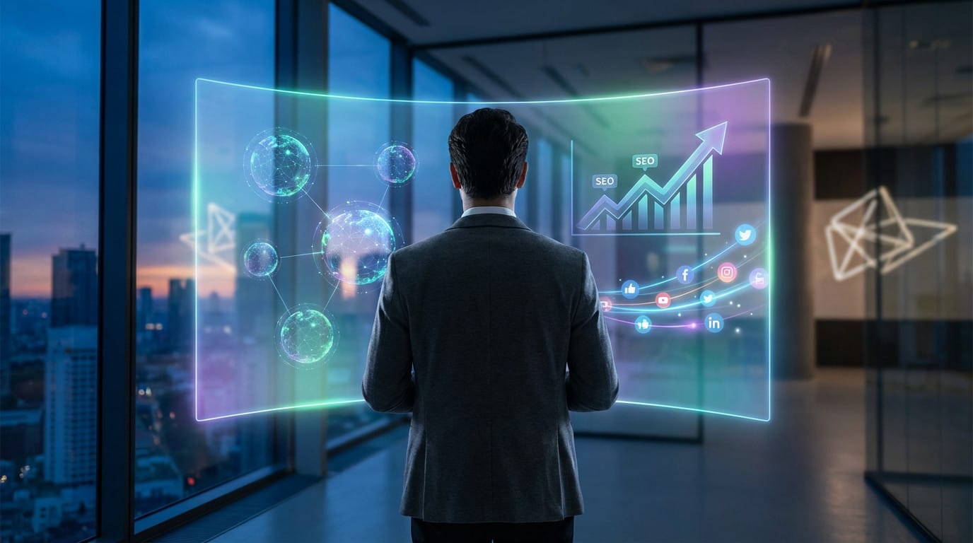 Homme d'affaires de dos face à un écran holographique luminescent affichant des graphiques SEO, des globes connectés, une courbe de croissance et des icônes de réseaux sociaux dans un bureau moderne surplombant la ville.