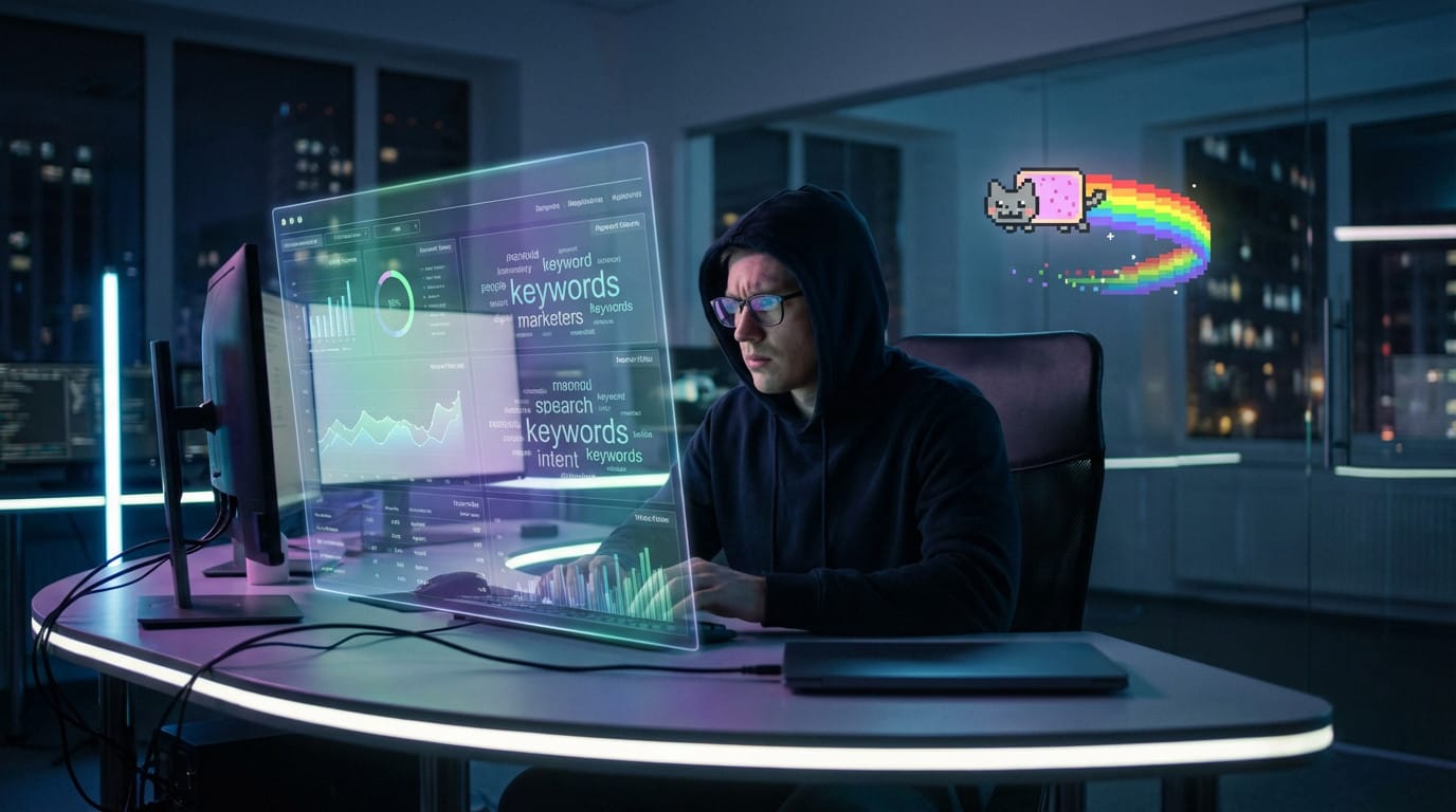 Personne portant des lunettes assise à un bureau futuriste avec écran affichant des données de mots-clés et un arc-en-ciel numérique pixelisé, dans un bureau moderne avec vue nocturne sur la ville.