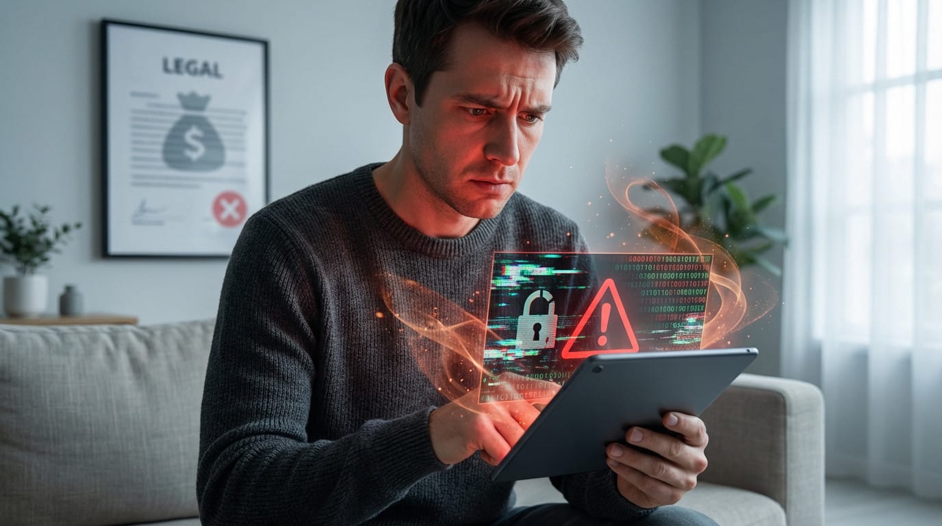 Homme préoccupé regardant une tablette affichant des symboles de sécurité numérique, cadenas et alerte, avec code binaire et effets visuels rouges.