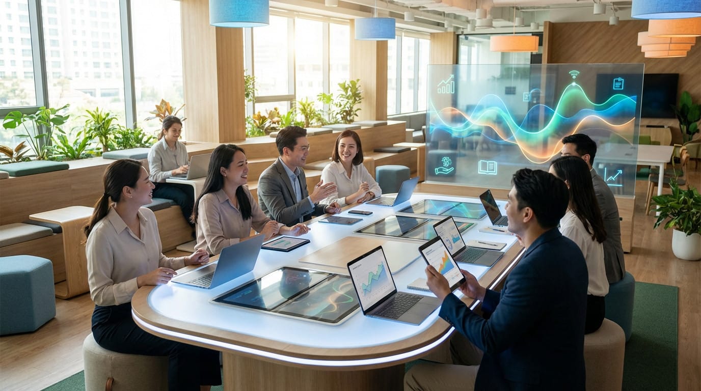 Équipe de professionnels autour d'une table moderne avec ordinateurs portables et tablettes, discutant devant un écran digital affichant des graphiques et données analytiques dans un espace de bureau lumineux avec plantes.