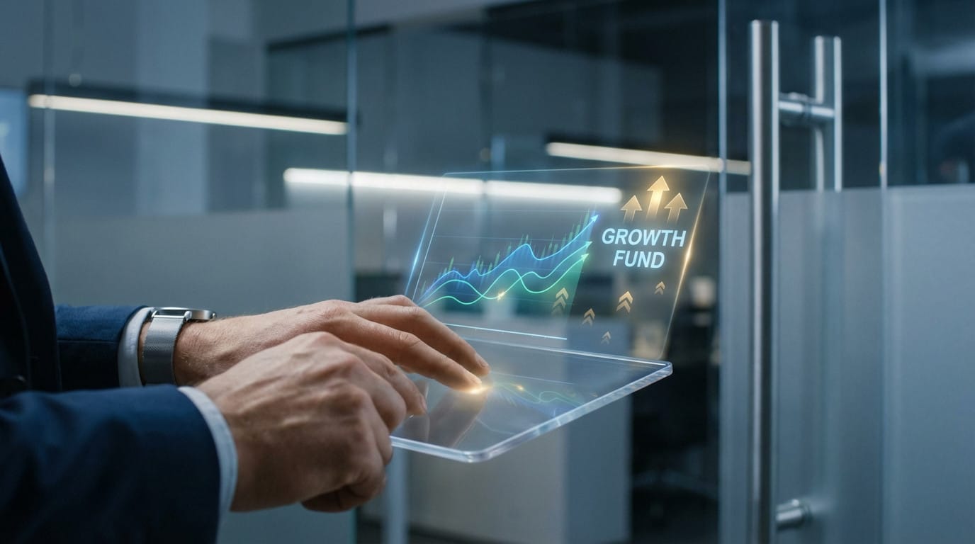 Main tenant une tablette holographique affichant des graphiques de croissance, des courbes en bleu et vert, et le texte "Growth Fund" avec des flèches ascendantes.