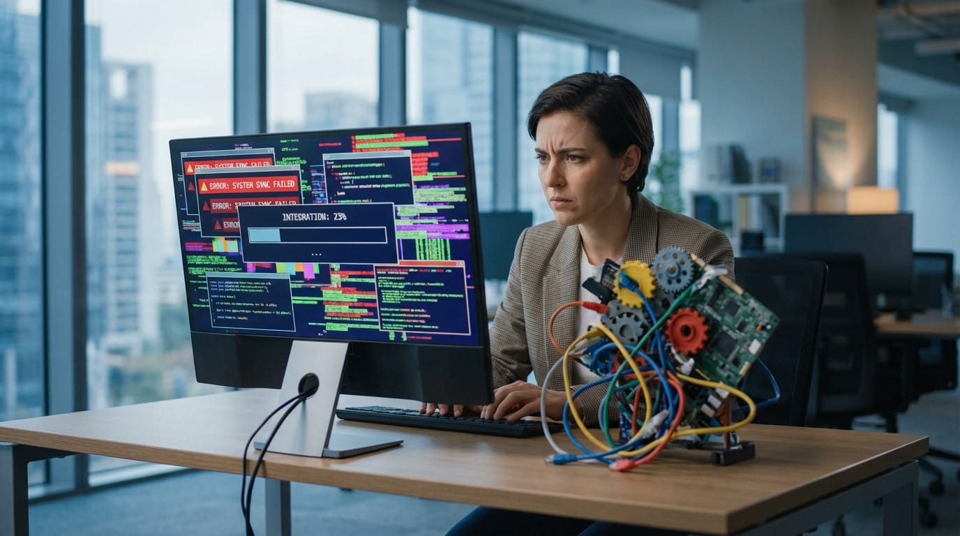 Femme ingénieure concentrée devant un écran affichant des erreurs système et des codes colorés, avec un circuit électronique et des engrenages sur son bureau en hauteur urbaine.