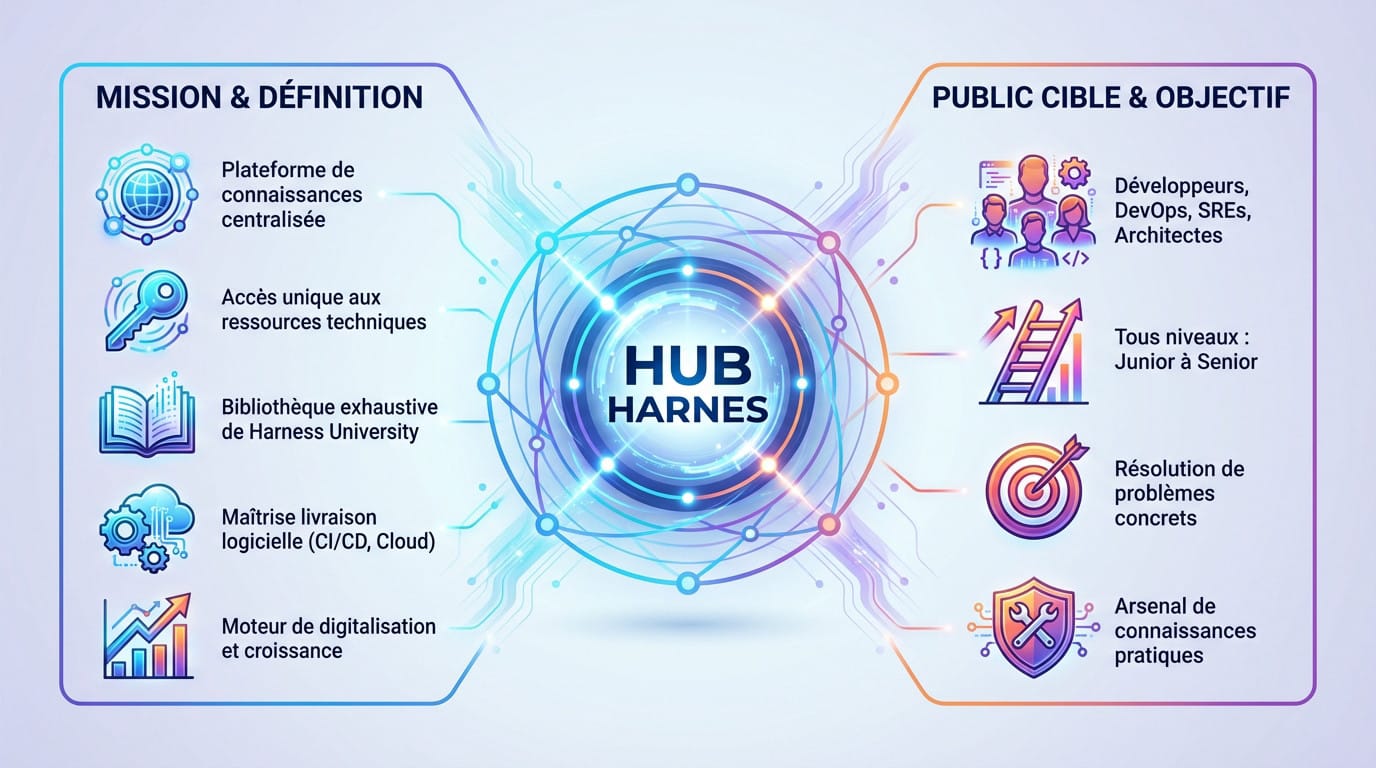 Illustration du Hub Harnes montrant la connexion entre les ressources techniques et la formation Harness University