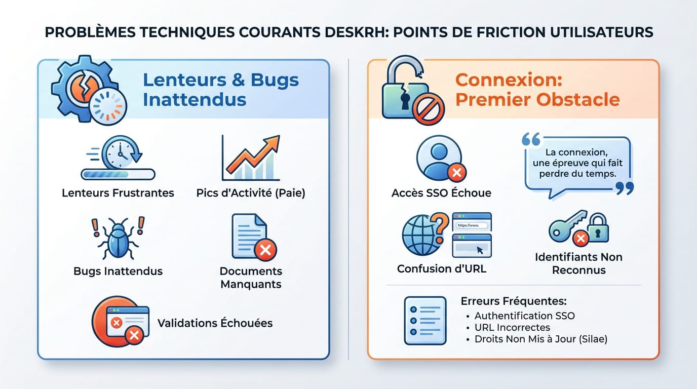 Illustration des problèmes techniques et points de friction rencontrés par les utilisateurs sur l'interface DeskRH