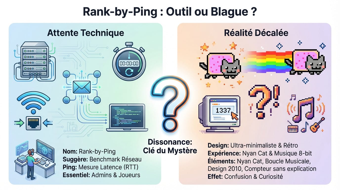 Interface minimaliste et énigmatique de Rank-by-ping mettant en scène le Nyan Cat