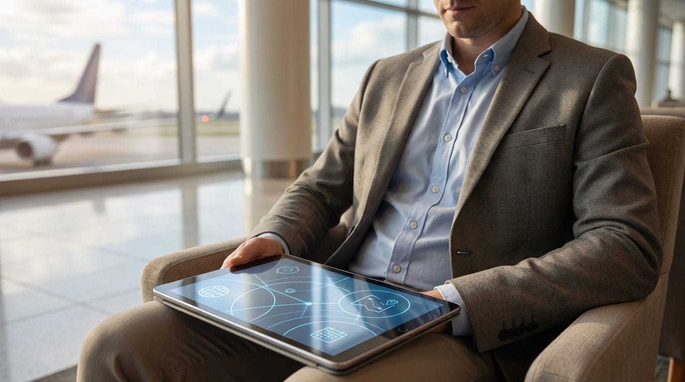 Homme d'affaires en costume consultant une tablette avec interface numérique, assis dans un salon d'aéroport avec vue sur les avions.
