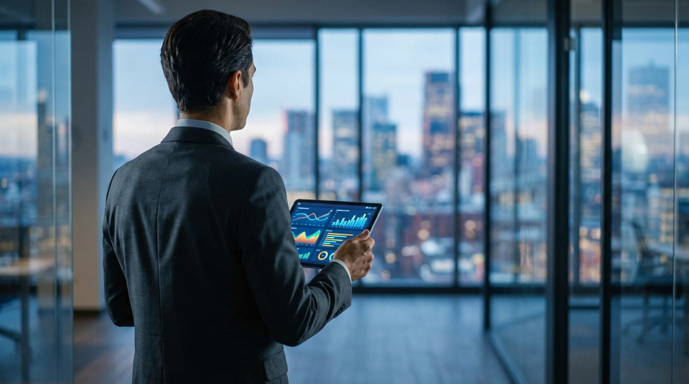 Homme d'affaires en costume noir tenant une tablette affichant des graphiques et analyses financières, face à une baie vitrée avec vue panoramique sur un paysage urbain.