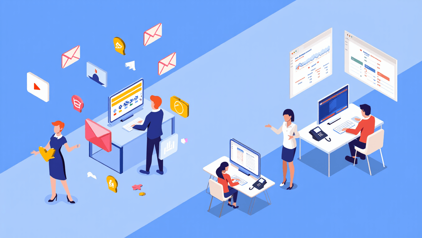 Équipe informatique collaborant sur des tickets de support avec ordinateurs, graphiques d'analyse et icônes de communication sur fond bleu gradient.