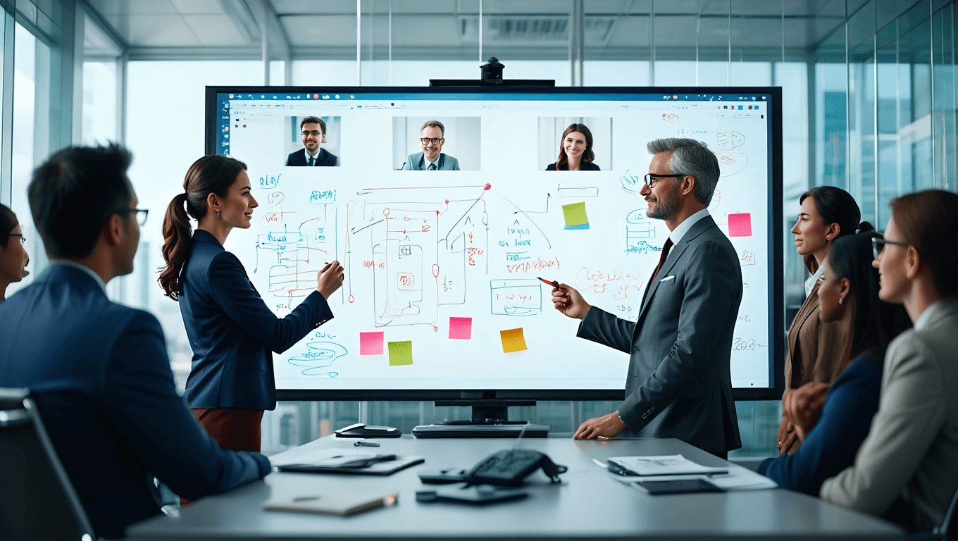 Équipe en réunion hybride autour d'un écran numérique interactif affichant des schémas, notes colorées et quatre participants visioconférence, dans un bureau moderne aux vitres transparentes.