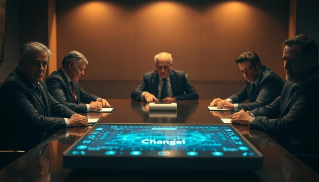 A boardroom table with executives sitting around it, their faces etched with concern. In the foreground, a large digital device dominates the scene, casting an ominous glow. The atmosphere is tense, with a sense of unease permeating the room. The lighting is harsh, creating dramatic shadows that accentuate the executives' worried expressions. The background is blurred, focusing the viewer's attention on the central conflict between the analog world and the digital transformation. The overall mood is one of apprehension and resistance to change, reflecting the section title "La peur du changement et la résistance interne".