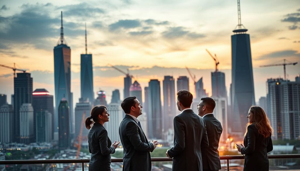 A bustling city skyline at dusk, with towering skyscrapers and cranes dotting the landscape, symbolizing the global reach of international business. In the foreground, a group of executives in formal attire, engaged in animated discussion, their body language conveying the excitement and challenges of international prospecting. The scene is bathed in a warm, golden glow, creating a sense of opportunity and potential. Subtle hints of cultural diversity, such as international flags or signage, suggest the cross-border nature of their endeavors. The overall composition evokes a sense of ambition, collaboration, and the constant pursuit of new frontiers in the world of global commerce.