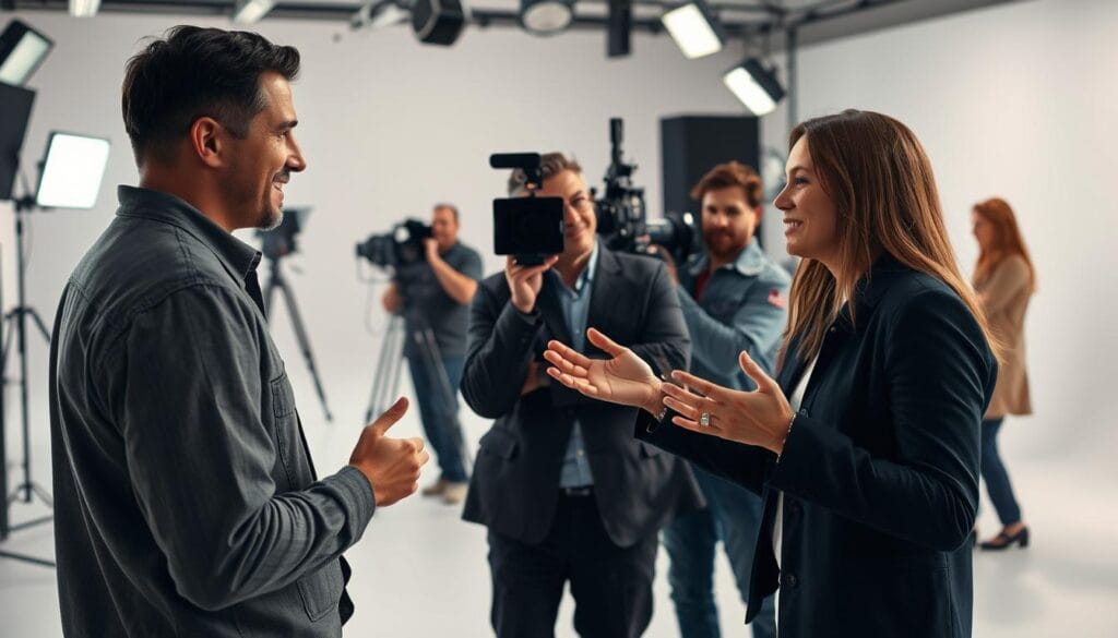 A bustling commercial set with a group of actors engaged in a lively dialogue. The foreground features two people, a man and a woman, gesticulating animatedly as they converse, their expressions captivating and natural. The middle ground showcases a camera crew, lighting equipment, and a director overseeing the scene, creating a sense of a professional production environment. The background is filled with a minimalist, well-lit studio space, with a clean, modern aesthetic that emphasizes the focus on the dialogue and interaction. The overall atmosphere is one of energy, collaboration, and the art of communication, setting the stage for a powerful, engaging commercial.
