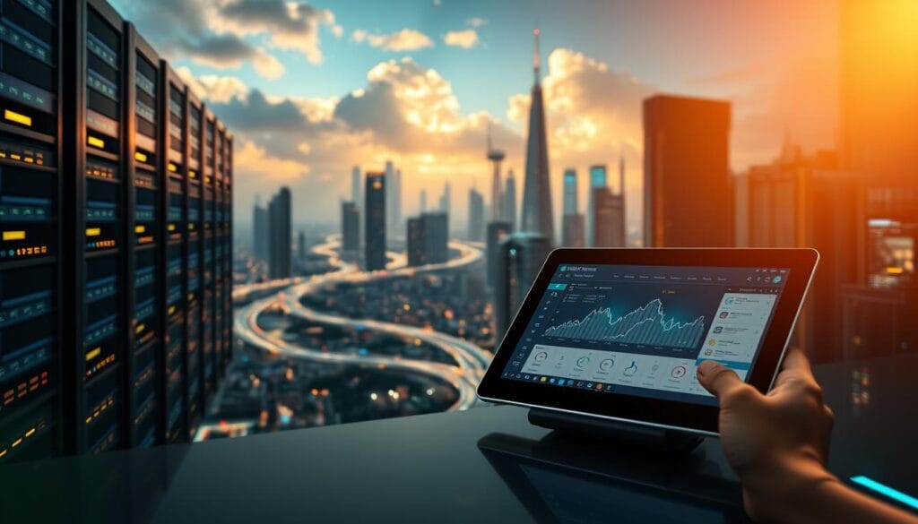 A bustling digital landscape, secure data flows like shimmering rivers winding through a cityscape of towering servers and cloud-capped towers. In the foreground, a sleek tablet displays a dynamic dashboard, highlighting the seamless integration of legacy systems and cutting-edge cloud technologies. Warm, ambient lighting bathes the scene, conveying a sense of trust and reliability. Subtle lens flare accentuates the modern, forward-thinking atmosphere, while a low, cinematic angle emphasizes the scale and importance of data security in the digital transformation process.
