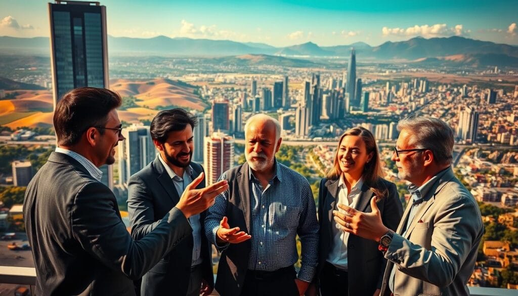 A bustling international business hub, with skyscrapers and high-rise offices set against a backdrop of rolling hills and a vibrant city skyline. In the foreground, a team of professionals engaged in a lively discussion, gesturing animatedly as they navigate the complexities of global trade and expansion. Warm, directional lighting illuminates the scene, casting subtle shadows and highlighting the determined expressions on their faces. The atmosphere is one of dynamic collaboration and strategic planning, reflecting the challenges and opportunities inherent in international prospecting.