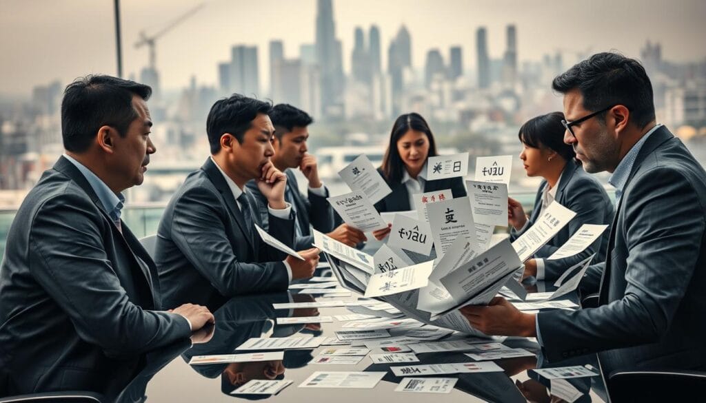 A bustling international business landscape, with language barriers looming large. In the foreground, a group of professionals engaged in a tense negotiation, their faces etched with expressions of confusion and frustration as they grapple with the challenges of cross-cultural communication. In the middle ground, a swirling whirlwind of multilingual documents, scattered across a sleek conference table, symbolizing the complexities of navigating global markets. The background fades into a muted, industrial cityscape, hinting at the broader context of the international business environment. Soft, diffused lighting casts a moody, yet determined atmosphere, as the subjects strive to overcome the linguistic hurdles before them.