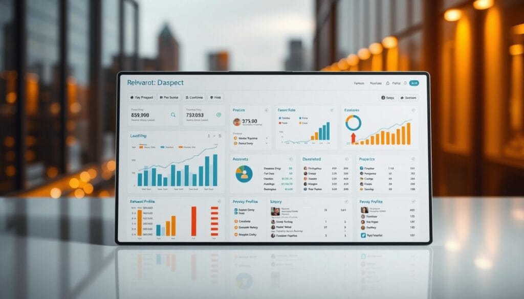 A clean, modern database interface displaying relevant prospect information. In the foreground, a minimalist dashboard with customizable charts and graphs tracking key metrics like lead source, conversion rate, and sales pipeline. The middle ground features neatly organized prospect profiles, with detailed contact details, demographic data, and interaction history. In the background, a blurred cityscape suggests a professional, corporate setting. Warm, directional lighting casts a subtle glow, creating a polished, authoritative atmosphere. The overall composition conveys the power and importance of a well-designed prospect management system. A clean, modern database interface displaying relevant prospect information. In the foreground, a minimalist dashboard with customizable charts and graphs tracking key metrics like lead source, conversion rate, and sales pipeline. The middle ground features neatly organized prospect profiles, with detailed contact details, demographic data, and interaction history. In the background, a blurred cityscape suggests a professional, corporate setting. Warm, directional lighting casts a subtle glow, creating a polished, authoritative atmosphere. The overall composition conveys the power and importance of a well-designed prospect management system.