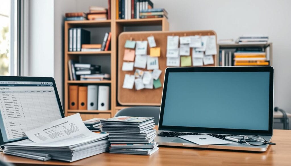 A clean, well-lit office setting with a desk showcasing various data sources for prospect research. In the foreground, a laptop displays a spreadsheet, alongside a stack of business cards, brochures, and other physical documents. In the middle ground, a pin-board displays printouts, sticky notes, and other data points related to potential leads. The background features shelves filled with reference books, industry reports, and other research materials. The overall atmosphere is one of organized efficiency, reflecting the need for a comprehensive and up-to-date prospect database. A clean, well-lit office setting with a desk showcasing various data sources for prospect research. In the foreground, a laptop displays a spreadsheet, alongside a stack of business cards, brochures, and other physical documents. In the middle ground, a pin-board displays printouts, sticky notes, and other data points related to potential leads. The background features shelves filled with reference books, industry reports, and other research materials. The overall atmosphere is one of organized efficiency, reflecting the need for a comprehensive and up-to-date prospect database.