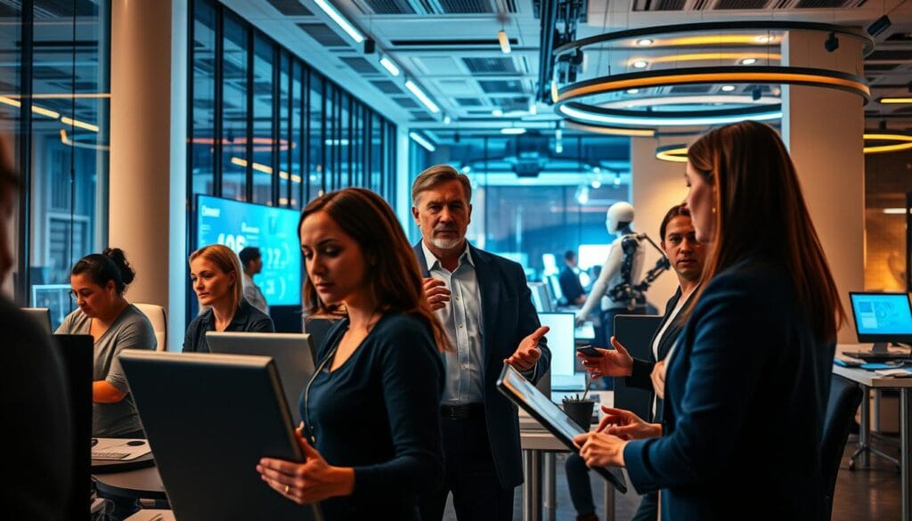 A corporate office undergoing a digital transformation. In the foreground, employees hesitantly grapple with new software and devices, faces etched with uncertainty. In the middle ground, a team leader gestures emphatically, guiding the transition. The background depicts a vibrant, futuristic workspace with holographic displays and robotics, hinting at the promised innovations. Warm, directional lighting casts shadows that symbolize the resistance to change, while sleek, modern architecture and design evoke the drive towards progress. An atmospheric scene capturing the tension and promise of technological upheaval within the enterprise. A corporate office undergoing a digital transformation. In the foreground, employees hesitantly grapple with new software and devices, faces etched with uncertainty. In the middle ground, a team leader gestures emphatically, guiding the transition. The background depicts a vibrant, futuristic workspace with holographic displays and robotics, hinting at the promised innovations. Warm, directional lighting casts shadows that symbolize the resistance to change, while sleek, modern architecture and design evoke the drive towards progress. An atmospheric scene capturing the tension and promise of technological upheaval within the enterprise.