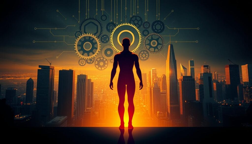 A digital transformation unfolds, with a central figure representing organizational change. In the foreground, an abstract human form, rendered in clean lines and bright colors, symbolizes the fluid, evolving nature of the transition. In the middle ground, a maze of interconnected gears and cogs, depicting the complex mechanisms of modernization. In the background, a cityscape of towering, sleek skyscrapers bathed in a warm, golden light, signifying the embrace of technological progress. The overall scene conveys a sense of dynamism, progress, and the melding of the human and the digital. Dramatic chiaroscuro lighting accentuates the depth and drama of the composition, creating a cinematic, evocative atmosphere.