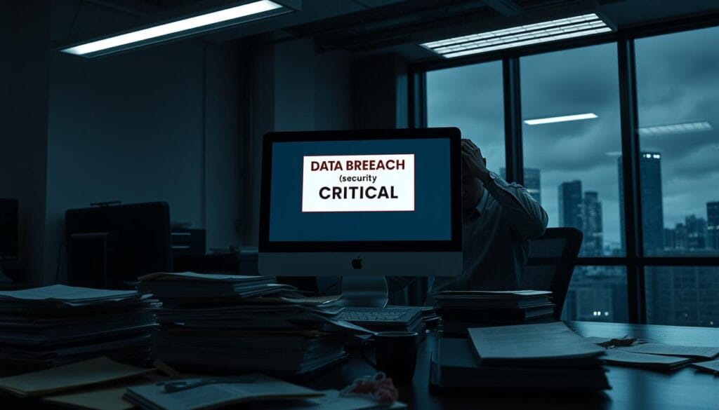 A dimly lit corporate office, with a desktop computer on a cluttered desk. The screen displays a dire security alert, "DATA BREACH - CRITICAL". Shadows cast by flickering fluorescent lights create an ominous atmosphere. In the foreground, stacks of paper files and a spilled cup of coffee hint at the chaos and disruption caused by the security incident. The middle ground features a troubled employee, hands on head, stressed expression conveying the gravity of the situation. In the background, a window reveals a gloomy cityscape, reflecting the weight of the data loss crisis facing the company.