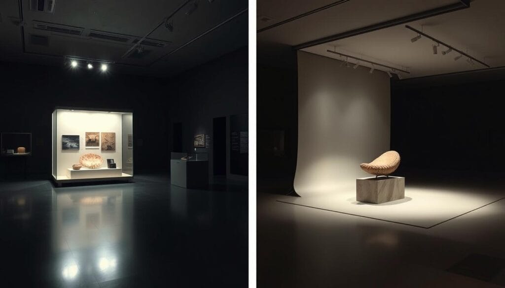 A dimly lit museum gallery, the soft glow of overhead spotlights illuminating two distinct display setups. On the left, an in-situ exhibit showcases an ancient artifact within its original context, surrounded by subtle environmental cues. On the right, an ex-situ setup features the same artifact, meticulously photographed and displayed against a neutral backdrop, allowing for detailed study. The contrast between the two approaches is palpable, inviting the viewer to consider the nuances of digitization and preservation strategies. The scene is imbued with a sense of academic contemplation, the mood calm and introspective, guiding the observer to thoughtfully compare the merits of each method. A dimly lit museum gallery, the soft glow of overhead spotlights illuminating two distinct display setups. On the left, an in-situ exhibit showcases an ancient artifact within its original context, surrounded by subtle environmental cues. On the right, an ex-situ setup features the same artifact, meticulously photographed and displayed against a neutral backdrop, allowing for detailed study. The contrast between the two approaches is palpable, inviting the viewer to consider the nuances of digitization and preservation strategies. The scene is imbued with a sense of academic contemplation, the mood calm and introspective, guiding the observer to thoughtfully compare the merits of each method.