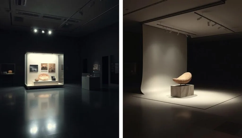 A dimly lit museum gallery, the soft glow of overhead spotlights illuminating two distinct display setups. On the left, an in-situ exhibit showcases an ancient artifact within its original context, surrounded by subtle environmental cues. On the right, an ex-situ setup features the same artifact, meticulously photographed and displayed against a neutral backdrop, allowing for detailed study. The contrast between the two approaches is palpable, inviting the viewer to consider the nuances of digitization and preservation strategies. The scene is imbued with a sense of academic contemplation, the mood calm and introspective, guiding the observer to thoughtfully compare the merits of each method. A dimly lit museum gallery, the soft glow of overhead spotlights illuminating two distinct display setups. On the left, an in-situ exhibit showcases an ancient artifact within its original context, surrounded by subtle environmental cues. On the right, an ex-situ setup features the same artifact, meticulously photographed and displayed against a neutral backdrop, allowing for detailed study. The contrast between the two approaches is palpable, inviting the viewer to consider the nuances of digitization and preservation strategies. The scene is imbued with a sense of academic contemplation, the mood calm and introspective, guiding the observer to thoughtfully compare the merits of each method.