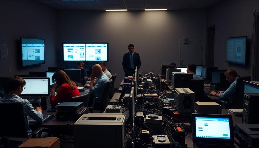 A dimly lit office setting, where a group of employees sit at their desks, each lost in a sea of digital devices and screens. The foreground depicts a stark contrast between the tech-savvy and the tech-challenged, with some individuals effortlessly navigating their screens, while others struggle to keep up. The middle ground showcases a variety of outdated and incompatible hardware, highlighting the lack of standardized digital tools. In the background, a shadowy figure representing management looms, seemingly unaware of the growing digital divide within the organization. The overall atmosphere conveys a sense of disconnect and frustration, emphasizing the pressing need to address the skills gap and provide the appropriate technological resources.