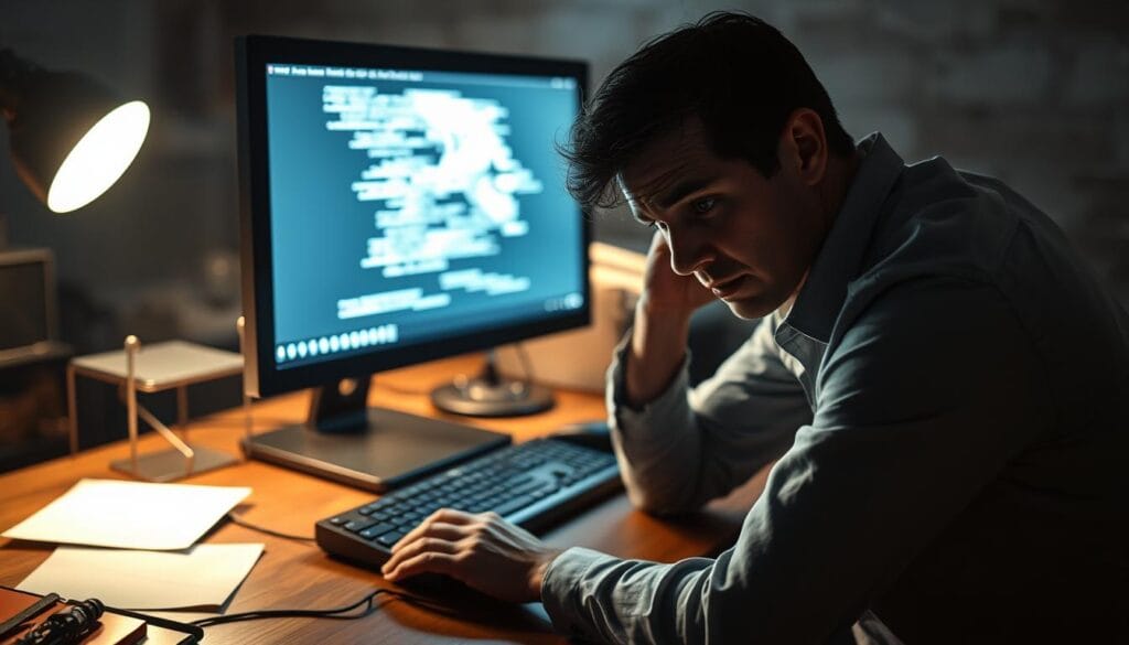 A dimly lit office setting, with a desktop computer, keyboard, and mouse on a cluttered wooden desk. The screen displays a glitching, distorted image, hinting at a technical malfunction. In the foreground, a frazzled employee leans in, frustrated expression on their face, as they struggle to troubleshoot the issue. The background is hazy, with a sense of unease and uncertainty. The lighting is harsh, creating dramatic shadows and emphasizing the tension of the moment. The overall atmosphere conveys the risks and operational challenges associated with digital transformation in the enterprise.