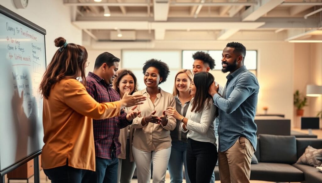 A diverse group of people in a dynamic formation, engaged in an interactive training session. The foreground features individuals collaborating on a digital whiteboard, gesturing and exchanging ideas. The middle ground showcases a mix of focused expressions and confident body language, as the participants navigate a transformative process. In the background, an open, well-lit workspace with modern furnishings creates a sense of innovation and progress. Warm, directional lighting accentuates the collaborative energy, while a soft, muted color palette evokes a sense of professional sophistication. The overall composition conveys the empowering role of training and change management in fostering digital transformation and improved teamwork.