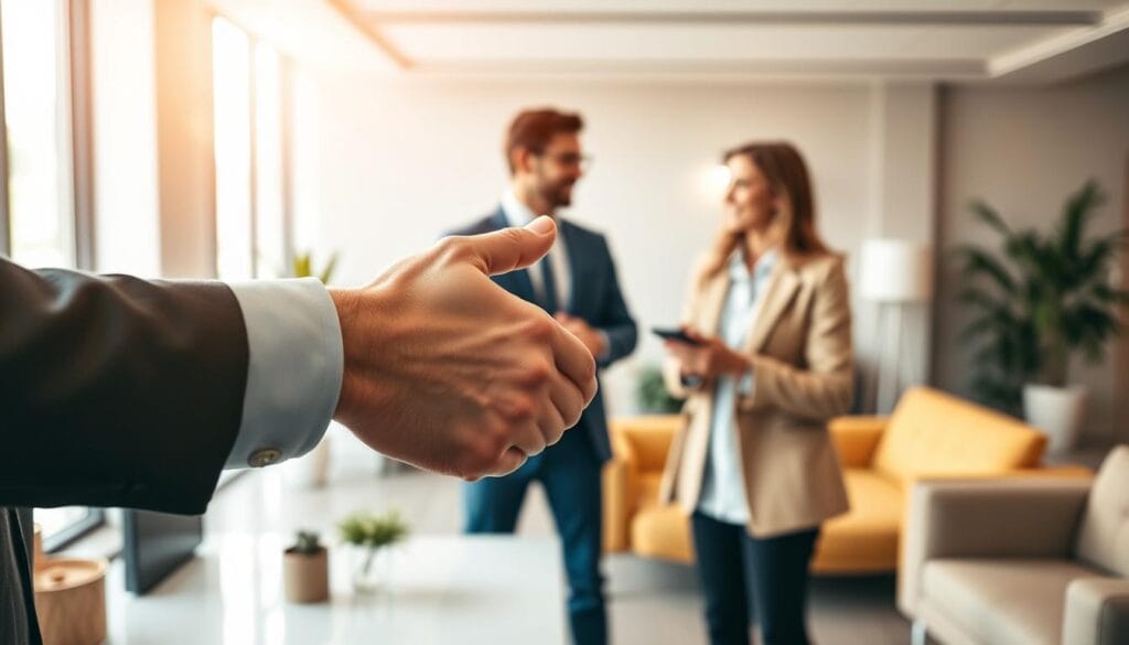 A dynamic and captivating first contact with prospects, captured in a vibrant visual. A professional handshake in the foreground, conveying confidence and rapport. In the middle ground, a pair of business partners engaged in a lively discussion, their body language exuding enthusiasm. The background features a modern, well-lit office setting, with clean lines and minimalist decor to accentuate the focal point. Warm, yet professional lighting casts a subtle glow, creating an atmosphere of productive collaboration. Smooth, high-quality textures and materials suggest a polished, high-end environment conducive to making a lasting first impression.