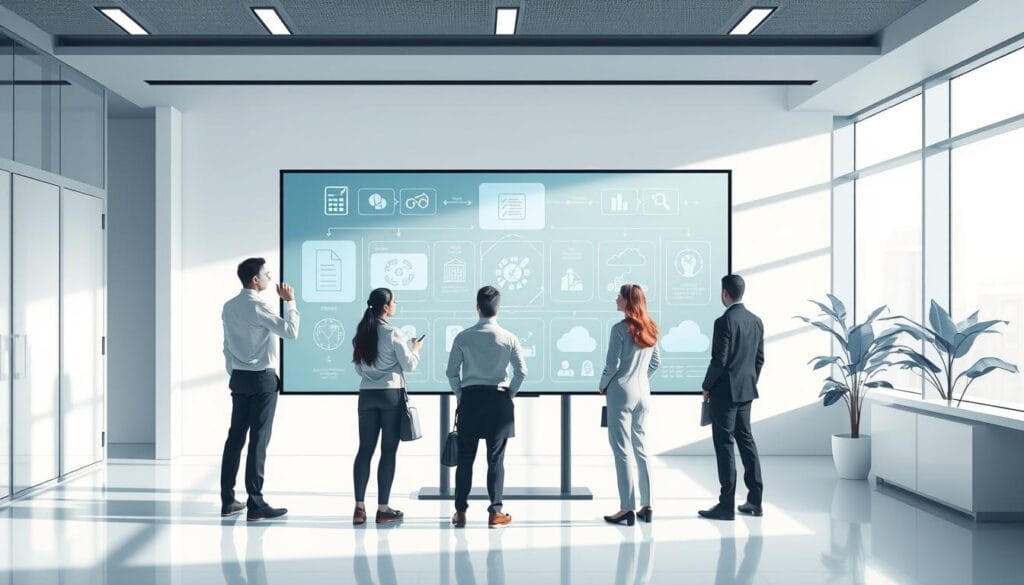 A high-resolution digital illustration showcasing the methodologies and steps involved in the digitization of business processes. Set in a sleek, modern office environment, the scene depicts a team of professionals collaborating around a large interactive touchscreen display. They are visualizing the various stages of the digitization workflow, from data capture and document processing to automated workflows and cloud-based storage. The illustration features clean, minimalist design with a focus on the technological aspects, conveyed through precise icons, diagrams, and intuitive UI elements. Soft, directional lighting highlights the sense of order and efficiency, creating an atmosphere of productivity and innovation. A high-resolution digital illustration showcasing the methodologies and steps involved in the digitization of business processes. Set in a sleek, modern office environment, the scene depicts a team of professionals collaborating around a large interactive touchscreen display. They are visualizing the various stages of the digitization workflow, from data capture and document processing to automated workflows and cloud-based storage. The illustration features clean, minimalist design with a focus on the technological aspects, conveyed through precise icons, diagrams, and intuitive UI elements. Soft, directional lighting highlights the sense of order and efficiency, creating an atmosphere of productivity and innovation.