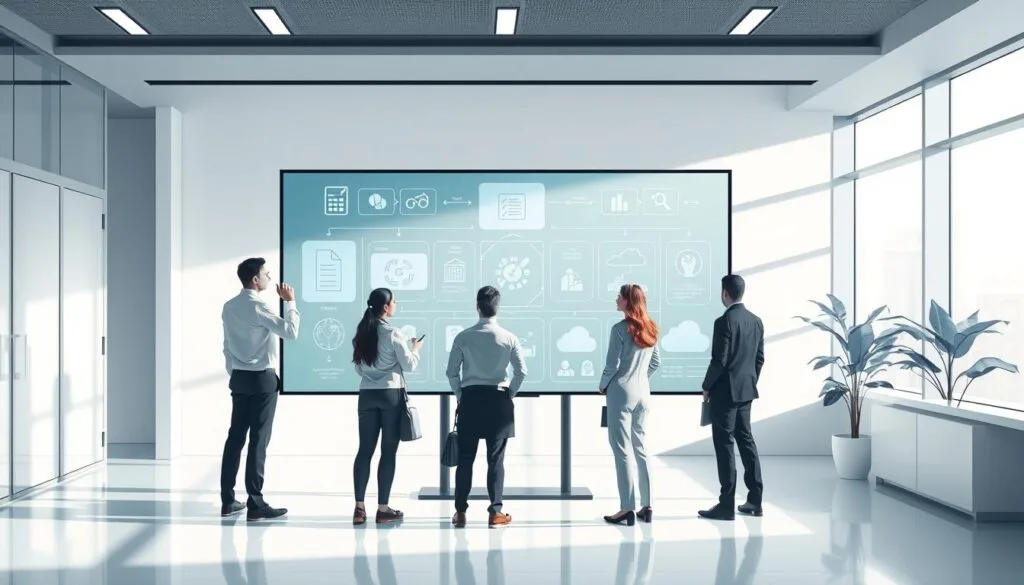 A high-resolution digital illustration showcasing the methodologies and steps involved in the digitization of business processes. Set in a sleek, modern office environment, the scene depicts a team of professionals collaborating around a large interactive touchscreen display. They are visualizing the various stages of the digitization workflow, from data capture and document processing to automated workflows and cloud-based storage. The illustration features clean, minimalist design with a focus on the technological aspects, conveyed through precise icons, diagrams, and intuitive UI elements. Soft, directional lighting highlights the sense of order and efficiency, creating an atmosphere of productivity and innovation. A high-resolution digital illustration showcasing the methodologies and steps involved in the digitization of business processes. Set in a sleek, modern office environment, the scene depicts a team of professionals collaborating around a large interactive touchscreen display. They are visualizing the various stages of the digitization workflow, from data capture and document processing to automated workflows and cloud-based storage. The illustration features clean, minimalist design with a focus on the technological aspects, conveyed through precise icons, diagrams, and intuitive UI elements. Soft, directional lighting highlights the sense of order and efficiency, creating an atmosphere of productivity and innovation.