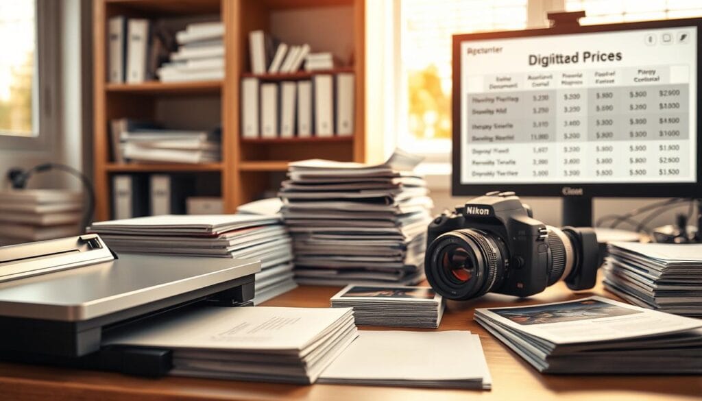 A high-resolution, photorealistic image of various office supplies and equipment for digitizing documents and photographs. In the foreground, a flatbed scanner and a high-quality digital camera with a macro lens. In the middle ground, stacks of neatly organized paper documents and photo prints. In the background, a bookshelf with office binders, files, and a computer monitor displaying pricing information for different digitization services. Soft, warm lighting from a window casts a natural glow across the scene. The overall atmosphere conveys a sense of productivity, organization, and the cost considerations involved in the digitization process.