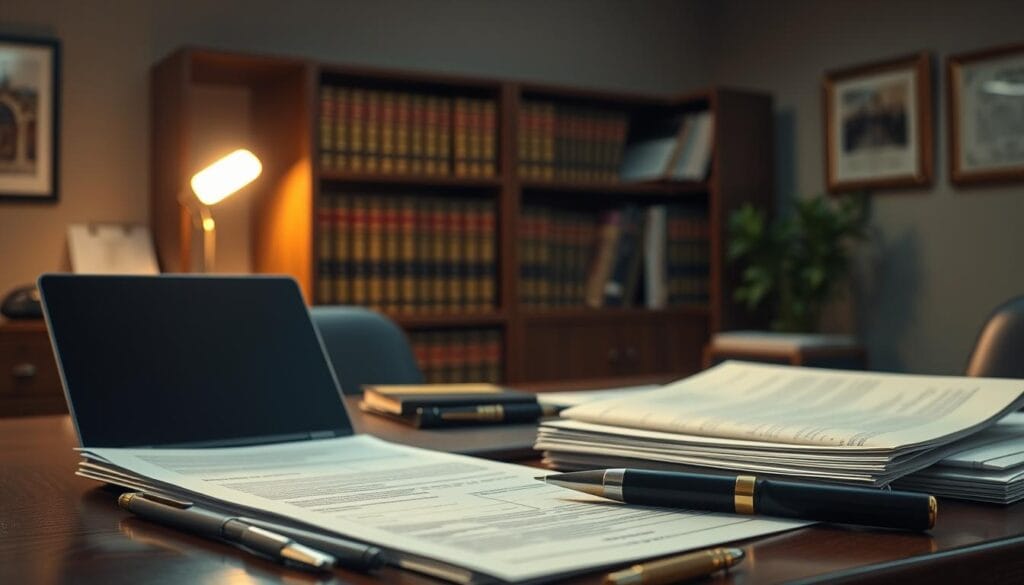A high-security office environment with a desk, laptop, and various legal documents. Warm, soft lighting illuminates the scene, casting subtle shadows. The documents are neatly organized, conveying a sense of order and professionalism. In the background, a bookshelf filled with legal tomes and a framed certificate on the wall suggest the setting's authoritative nature. The overall mood is one of diligence, attention to detail, and compliance with established protocols. A high-security office environment with a desk, laptop, and various legal documents. Warm, soft lighting illuminates the scene, casting subtle shadows. The documents are neatly organized, conveying a sense of order and professionalism. In the background, a bookshelf filled with legal tomes and a framed certificate on the wall suggest the setting's authoritative nature. The overall mood is one of diligence, attention to detail, and compliance with established protocols.