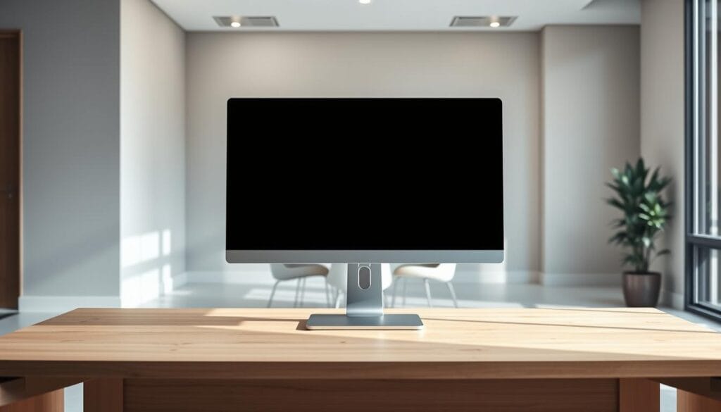 A minimalist office interior with a clean, modern aesthetic. In the foreground, a sleek desktop computer and monitor sit atop a minimalist wooden desk. The desk is positioned in front of a large window, allowing natural light to flood the space. In the middle ground, a conference table with simple, elegant chairs is visible, indicating a collaborative work environment. The background features neutral-toned walls and subtle hints of greenery, creating a serene and calming atmosphere. The lighting is a mix of natural and soft, indirect artificial illumination, emphasizing the clean lines and high-quality materials used throughout the space. The overall mood is one of efficiency, professionalism, and a balance between technology and nature.