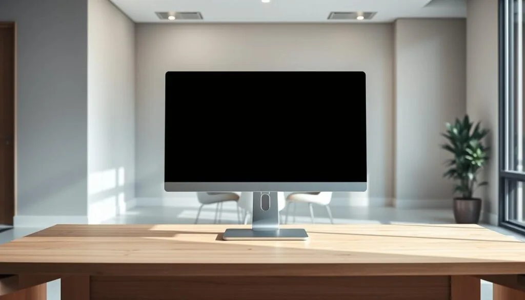 A minimalist office interior with a clean, modern aesthetic. In the foreground, a sleek desktop computer and monitor sit atop a minimalist wooden desk. The desk is positioned in front of a large window, allowing natural light to flood the space. In the middle ground, a conference table with simple, elegant chairs is visible, indicating a collaborative work environment. The background features neutral-toned walls and subtle hints of greenery, creating a serene and calming atmosphere. The lighting is a mix of natural and soft, indirect artificial illumination, emphasizing the clean lines and high-quality materials used throughout the space. The overall mood is one of efficiency, professionalism, and a balance between technology and nature.