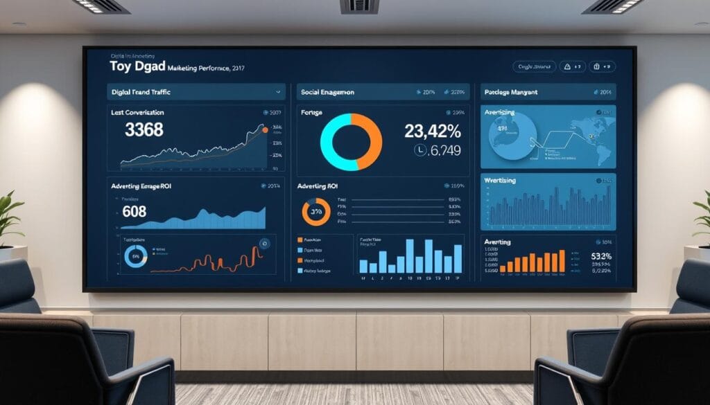 A modern, minimalist data dashboard displaying key digital marketing performance indicators, including website traffic, conversion rates, social media engagement, and advertising ROI. The dashboard is presented on a large, high-resolution display in a clean, corporate office setting with neutral tones and soft, even lighting. The layout is thoughtfully designed, with clear data visualizations and intuitive user controls. The overall mood is professional, analytical, and focused on data-driven insights to measure the effectiveness of digital transformation.