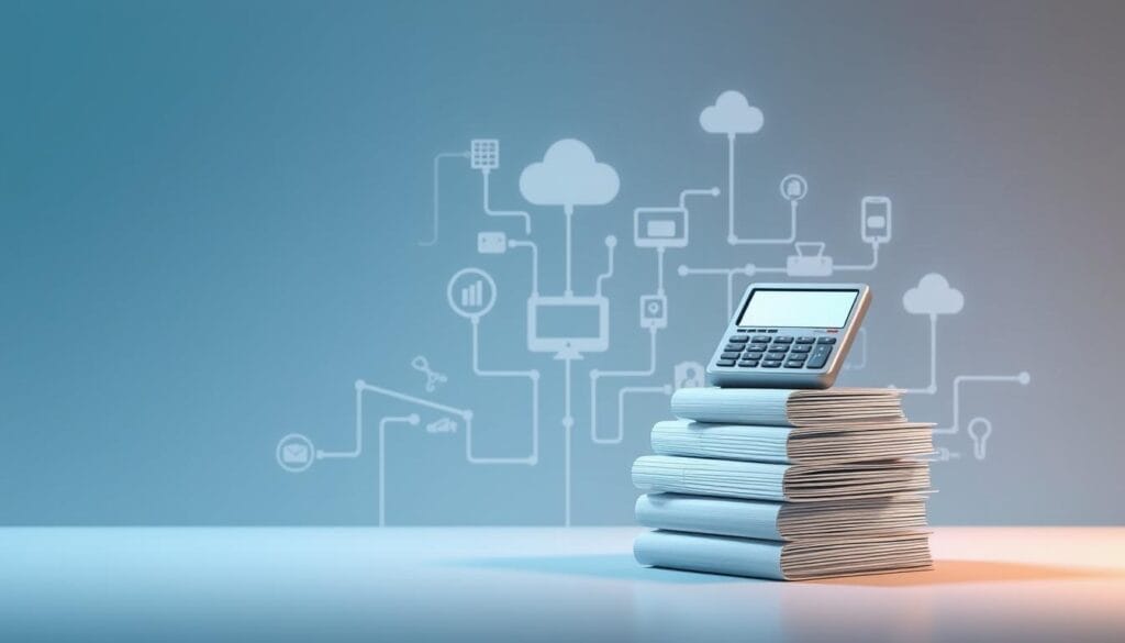 A modern, minimalist illustration depicting the core concepts of "Comprendre les coûts numérisation". In the foreground, a sleek, metallic cost calculator hovers above a stylized stack of documents, symbolizing the financial considerations of digitization. The middle ground features a sophisticated network of interconnected digital devices, cables, and cloud icons, representing the technological infrastructure. In the background, a subtle gradient of blues and grays creates a sense of depth and digital ambiance. Soft, directional lighting accentuates the minimalist, high-tech aesthetic, conveying a thoughtful, analytical mood around the subject matter.