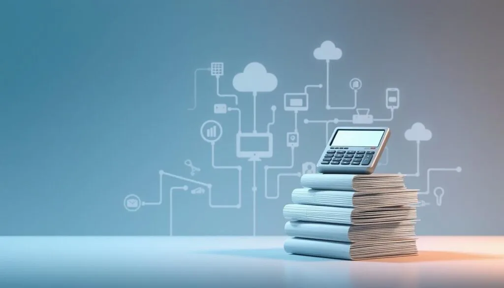 A modern, minimalist illustration depicting the core concepts of "Comprendre les coûts numérisation". In the foreground, a sleek, metallic cost calculator hovers above a stylized stack of documents, symbolizing the financial considerations of digitization. The middle ground features a sophisticated network of interconnected digital devices, cables, and cloud icons, representing the technological infrastructure. In the background, a subtle gradient of blues and grays creates a sense of depth and digital ambiance. Soft, directional lighting accentuates the minimalist, high-tech aesthetic, conveying a thoughtful, analytical mood around the subject matter.