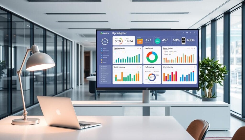 A modern office setting with a large monitor displaying various key performance indicators (KPIs) related to digital transformation. The foreground features an elegant, minimalist desk with a stylish laptop, a designer lamp, and a potted plant. The middle ground showcases the monitor, which presents a clean, intuitive dashboard with colorful charts, graphs, and metrics tracking digital initiatives. The background depicts a sleek, contemporary office environment with floor-to-ceiling windows, providing a sense of openness and natural light. The overall atmosphere is one of professionalism, efficiency, and a focus on data-driven decision-making for digital optimization.