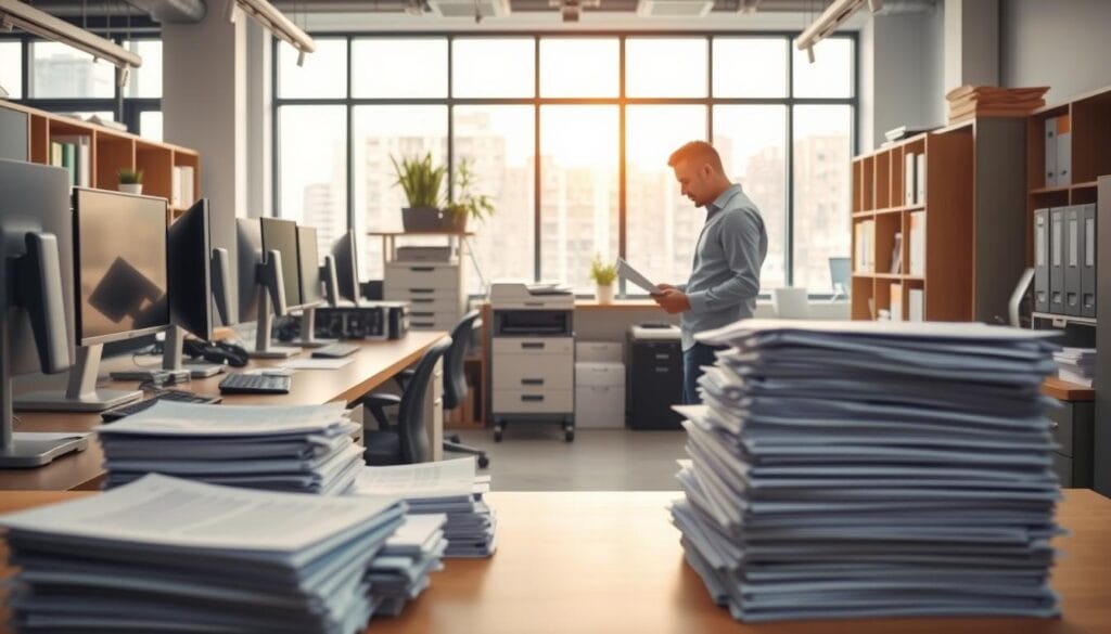 A modern office workspace with desks, computer screens, and stacks of paper documents. In the foreground, a person is standing at a desk, examining a document intently. The middle ground features various office tools and equipment, such as printers, scanners, and filing cabinets, symbolizing the transformation of paper-based processes. In the background, a large window provides natural lighting, casting a warm, productive atmosphere over the scene. The overall composition conveys the evolving nature of document-centric workflows, transitioning from traditional to digital formats. A modern office workspace with desks, computer screens, and stacks of paper documents. In the foreground, a person is standing at a desk, examining a document intently. The middle ground features various office tools and equipment, such as printers, scanners, and filing cabinets, symbolizing the transformation of paper-based processes. In the background, a large window provides natural lighting, casting a warm, productive atmosphere over the scene. The overall composition conveys the evolving nature of document-centric workflows, transitioning from traditional to digital formats.