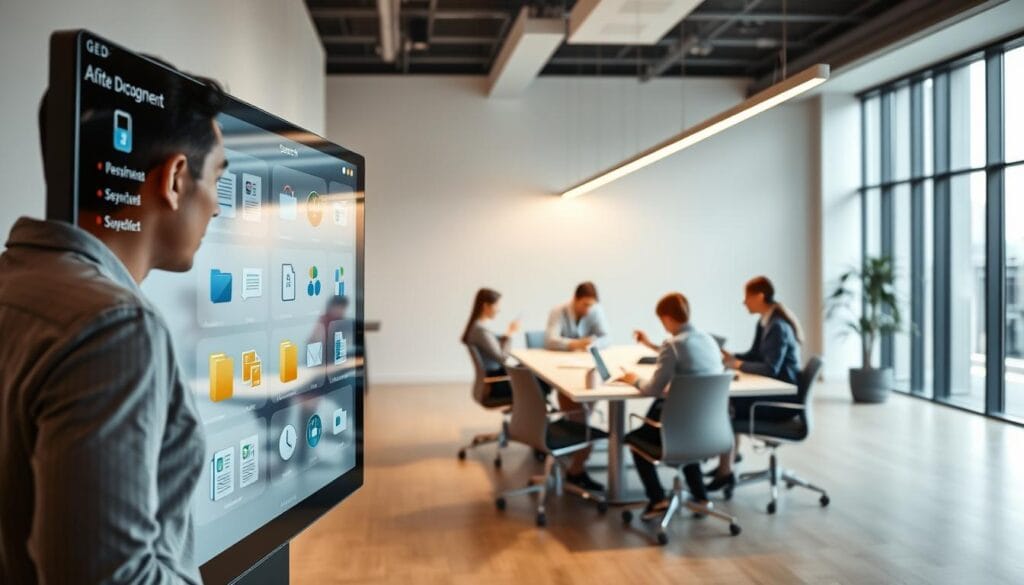 A modern, sleek office setting with a focus on digital document management. In the foreground, a large touchscreen display showcases key features of a GED (Gestion Électronique de Documents) system, including file organization, search, and sharing capabilities. The middle ground features businesspeople collaborating around a conference table, seamlessly accessing and annotating documents on their devices. The background depicts a minimalist, well-lit work environment with large windows, suggesting efficiency, productivity, and a paperless workflow. Warm, neutral tones create a professional, yet inviting atmosphere. The overall composition conveys the simplicity and power of a comprehensive GED solution. A modern, sleek office setting with a focus on digital document management. In the foreground, a large touchscreen display showcases key features of a GED (Gestion Électronique de Documents) system, including file organization, search, and sharing capabilities. The middle ground features businesspeople collaborating around a conference table, seamlessly accessing and annotating documents on their devices. The background depicts a minimalist, well-lit work environment with large windows, suggesting efficiency, productivity, and a paperless workflow. Warm, neutral tones create a professional, yet inviting atmosphere. The overall composition conveys the simplicity and power of a comprehensive GED solution.