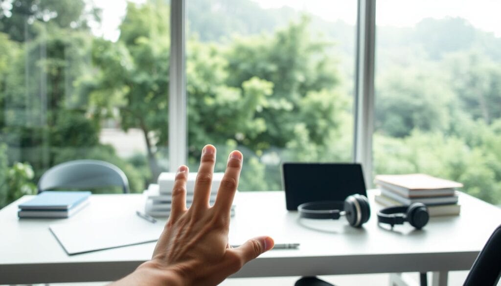 A serene office interior with a large window overlooking a lush, verdant landscape. On the desk, a stack of books and papers, alongside a pair of headphones and a digital tablet. The soft, diffused natural light filters in, creating a contemplative, focused atmosphere. In the foreground, a hand gestures, illustrating the principles of active listening - eye contact, open body language, and an expression of genuine interest. The overall scene conveys the importance of active engagement and mindful communication in professional settings.